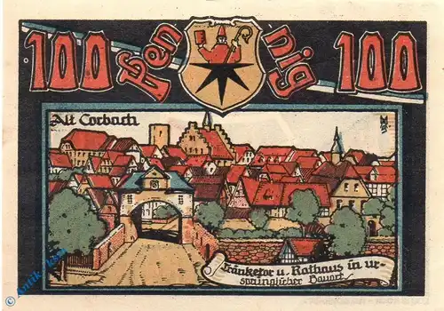 Notgeld Corbach , 100 Pfennig Schein Nr 4 , Mehl Grabowski 240.1 , von 1922 , Hessen Seriennotgeld