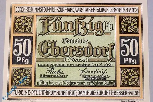 Notgeld Ebersdorf , 50 Pfennig Schein , Mehl Grabowski 302.1 , von 1921 , Thüringen Seriennotgeld