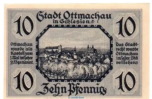 Notgeld Stadt Ottmachau 1040.1 , 10 Pfennig Schein in kfr. von 1921 , Schlesien Seriennotgeld