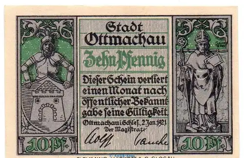 Notgeld Stadt Ottmachau 1040.1 , 10 Pfennig Schein in kfr. von 1921 , Schlesien Seriennotgeld