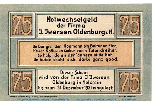 Notgeld J, Iwersen Oldenburg 1014.1.b , 75 Pfennig Schein in kfr. von 1921 , Schleswig Holstein Seriennotgeld