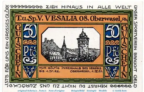 Notgeld Vesalia 08 Oberwesel 1005.1 , 50 Schein in kfr. von 1921 , Rheinland Seriennotgeld