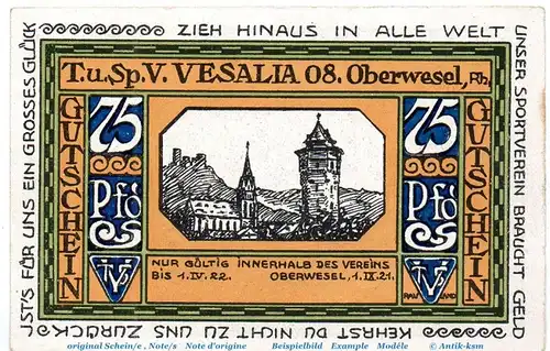 Notgeld Vesalia 08 Oberwesel 1005.1 , 75 Pfennig Schein Nr 1 in kfr. von 1921 , Rheinland Seriennotgeld