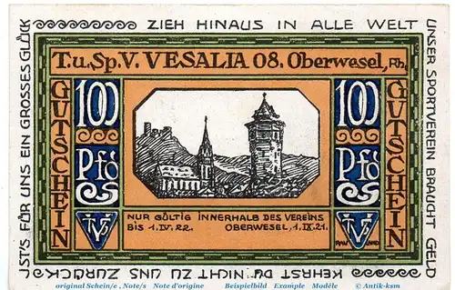 Notgeld Vesalia 08 Oberwesel 1005.1 , 1 Mark Schein Nr 1 in kfr. von 1921 , Rheinland Seriennotgeld