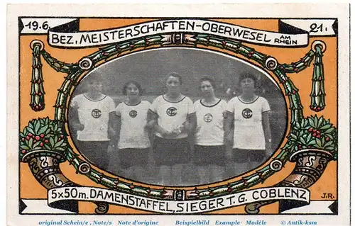 Notgeld Vesalia 08 Oberwesel 1005.1 , 1 Mark Schein Nr 1 in kfr. von 1921 , Rheinland Seriennotgeld