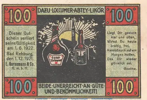 Notgeld E. Bornemann & Co. Rehburg 1106.1 , 100 Pfennig Schein Nr.1 in kfr. von 1921 , Niedersachsen Seriennotgeld