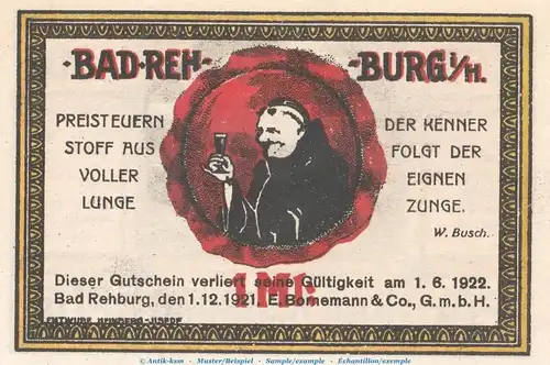 Notgeld E. Bornemann & Co. Rehburg 1106.1 , 100 Pfennig Schein Nr.2 in kfr. von 1921 , Niedersachsen Seriennotgeld