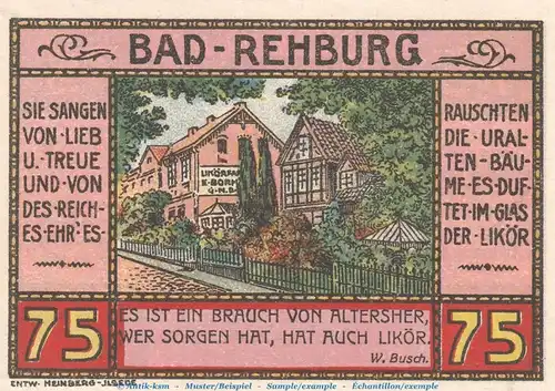 Notgeld E. Bornemann & Co. Rehburg 1106.1 , 75 Pfennig Schein Nr.1 in kfr. von 1921 , Niedersachsen Seriennotgeld