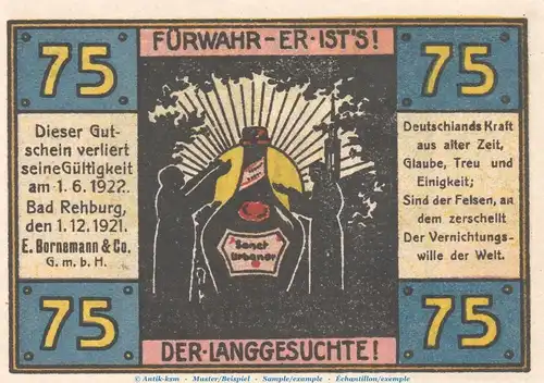Notgeld E. Bornemann & Co. Rehburg 1106.1 , 75 Pfennig Schein Nr.1 in kfr. von 1921 , Niedersachsen Seriennotgeld