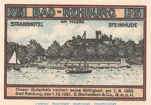 Notgeld E. Bornemann & Co. Rehburg 1106.1 , 75 Pfennig Schein Nr.2 in kfr. von 1921 , Niedersachsen Seriennotgeld