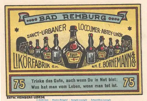 Notgeld E. Bornemann & Co. Rehburg 1106.1 , 75 Pfennig Schein Nr.2 in kfr. von 1921 , Niedersachsen Seriennotgeld