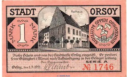 Notgeld Stadt Orsoy 1026.1.c , 1 Mark Schein o. Text in kfr. von 1921 , Westfalen Seriennotgeld