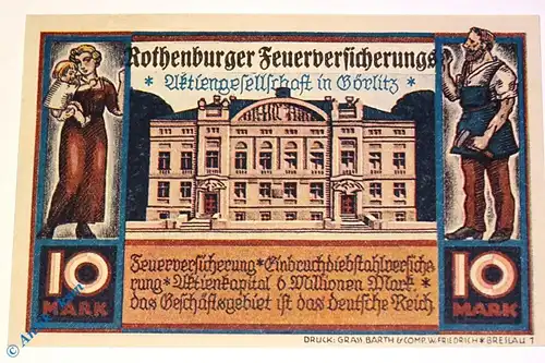 Notgeld Rothenburg , Brüdergemeinde Zoar , 10 Mark Schein , Mehl Grabowski 1140.1 , Schlesien Serien Notgeld