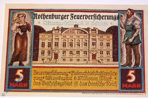 Notgeld Rothenburg , Brüdergemeinde Zoar , 5 Mark Schein , Mehl Grabowski 1140.1 , Schlesien Serien Notgeld