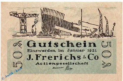 Notgeld Einswarden , Frerichs , 50 Pfennig Schein Nr 3 in kfr. Mehl Grabowski 316.2 , von 1921 , Niedersachsen Serien Notgeld