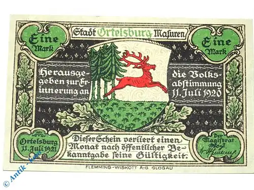Notgeld Ortelsburg , Szcytno , 1 Mark Schein , Mehl Grabowski 1027.1 , von 1921 , Ostpreussen Seriennotgeld