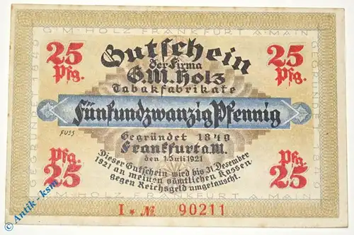 Notgeld Frankfurt , G. M. Holz , 25 Pfennig Schein i ,  Golem , Mehl Grabowski 374.2 , von 1921 , Hessen Serien Notgeld
