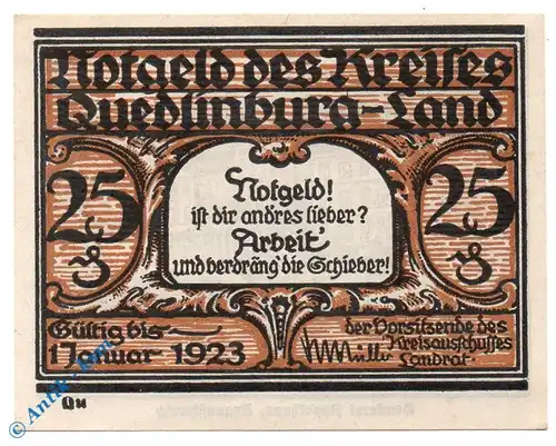 Notgeld Kreis Quedlinburg 1089.1.b , 25 Pfennig Schein - Qu - o.D. Sachsen Anhalt Seriennotgeld