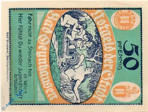 Notgeld Bad Oeynhausen , 50 Pfennig Schein 73 x 98 , Mehl Grabowski 1010.1 c , Westfalen Seriennotgeld