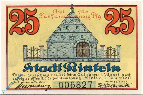 Notgeld Stadt Rinteln 1125.1.a , 25 Pfennig o. Signatur in kfr. von 1920 , Niedersachsen Seriennotgeld