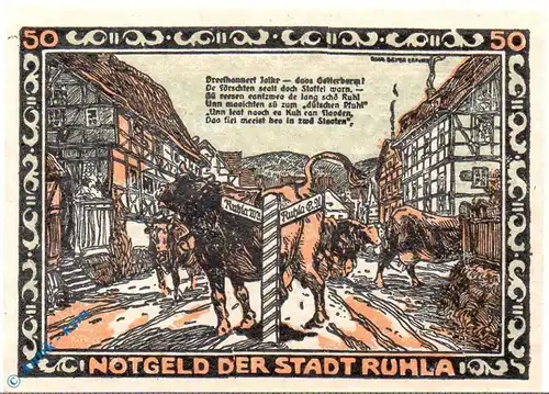 Notgeld Ruhla , 50 Pfennig Schein Nr 3 , Theob. Hoppert , Mehl Grabowski 1153.1 , von 1921 , Thüringen Seriennotgeld