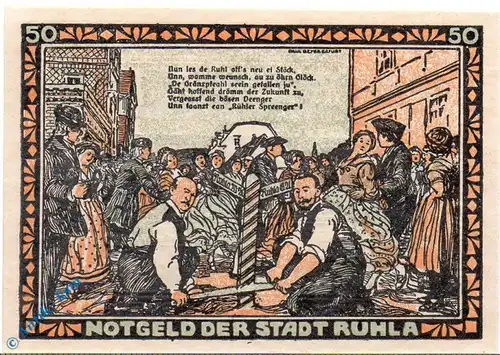 Notgeld Ruhla , 50 Pfennig Schein Nr 6 , Theob. Hoppert , Mehl Grabowski 1153.1 , von 1921 , Thüringen Seriennotgeld