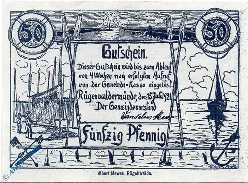 Notgeld Rügenwaldermünde , 50 Pfennig Schein schwarzblau , Mehl Grabowski 1149.1 f , von 1921 , Pommern Seriennotgeld