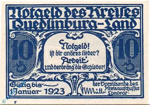 Notgeld Kreis Quedlinburg , 10 Pfennig Schein r , Mehl Grabowski 1089.1 a , Sachsen Anhalt Seriennotgeld