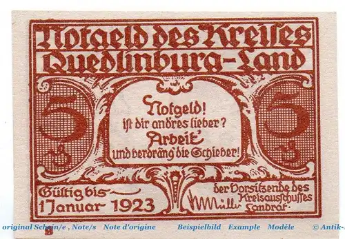Notgeld Kreis Quedlinburg 1089.1.a , 5 Pfennig Schein - g -  o. D. Sachsen Anhalt Seriennotgeld