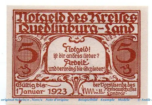 Notgeld Kreis Quedlinburg 1089.1.a , 5 Pfennig Schein - r -   o. D. Sachsen Anhalt Seriennotgeld