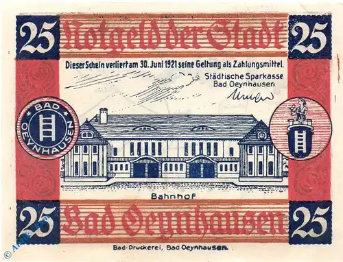 Notgeld Bad Oeynhausen 1010.1.a-b , 25 Pfennig Schein 74 x 98 in kfr. von 1921 , Westfalen Seriennotgeld