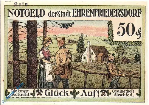 Notgeld Ehrenfriedersdorf , 50 Pfennig Schein Nr 4 , mit -kein- , Mehl Grabowski 312.1 b , von 1921 , Sachsen Seriennotgeld