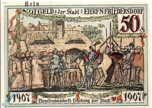Notgeld Ehrenfriedersdorf , 50 Pfennig Schein Nr 1 , mit -kein- , Mehl Grabowski 312.1 b , von 1921 , Sachsen Seriennotgeld
