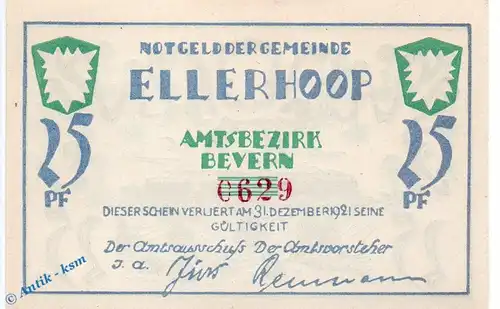 Notgeld Ellerhoop , 25 Pfennig Schein Nr 2 , weiß und glatt , Mehl Grabowski 330.2 a , Schleswig Holstein Seriennotgeld