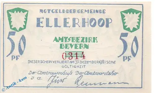 Notgeld Ellerhoop , 50 Pfennig Schein Nr 2 , weiß und glatt , Mehl Grabowski 330.2 a , Schleswig Holstein Seriennotgeld