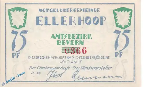 Notgeld Ellerhoop , 75 Pfennig Schein Nr 1 , weiß und glatt , Mehl Grabowski 330.2 a , Schleswig Holstein Seriennotgeld