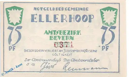 Notgeld Ellerhoop , 75 Pfennig Schein Nr 2 , weiß und glatt , Mehl Grabowski 330.2 a , Schleswig Holstein Seriennotgeld