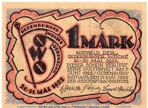 Notgeld Oldenburger Woche OWO , 1 Mark Schein Nr 1 in kfr. von 1922 , Niedersachsen Seriennotgeld