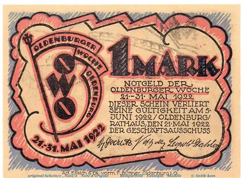 Notgeld Oldenburger Woche OWO , 1 Mark Schein Nr 2 in kfr. von 1922 , Niedersachsen Seriennotgeld