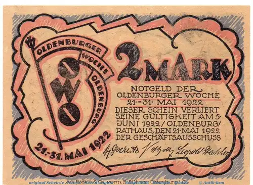 Notgeld Oldenburger Woche OWO , 2 Mark Schein Nr 1 in kfr. von 1922 , Niedersachsen Seriennotgeld