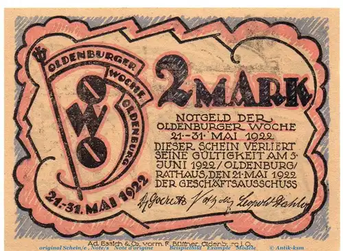 Notgeld Oldenburger Woche OWO , 2 Mark Schein Nr 2 in kfr. von 1922 , Niedersachsen Seriennotgeld