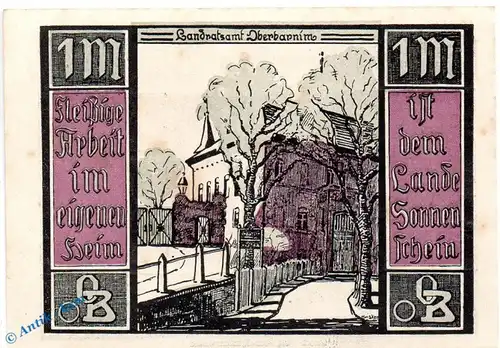 Notgeld Oberbarnim 993.1 , 1 Mark Schein in kfr. von 1921 , Brandenburg Seriennotgeld