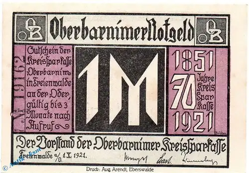 Notgeld Oberbarnim 993.1 , 1 Mark Schein in kfr. von 1921 , Brandenburg Seriennotgeld