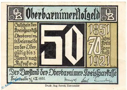 Notgeld Oberbarnim , 50 Pfennig Schein in kfr. Mehl Grabowski 993.1.c , von 1921 , Brandenburg Seriennotgeld