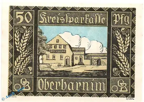 Notgeld Oberbarnim , 50 Pfennig Schein in kfr. Mehl Grabowski 993.1 , von 1921 , Brandenburg Seriennotgeld