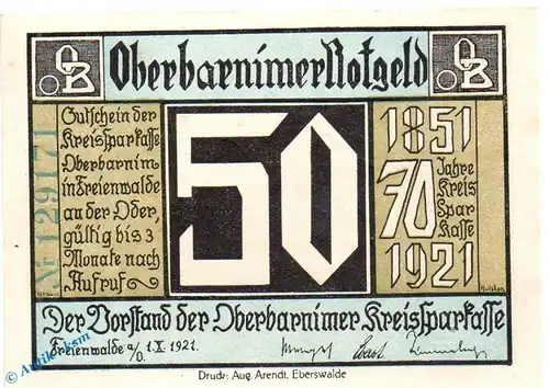 Notgeld Oberbarnim , 50 Pfennig Schein in kfr. Mehl Grabowski 993.1 , von 1921 , Brandenburg Seriennotgeld