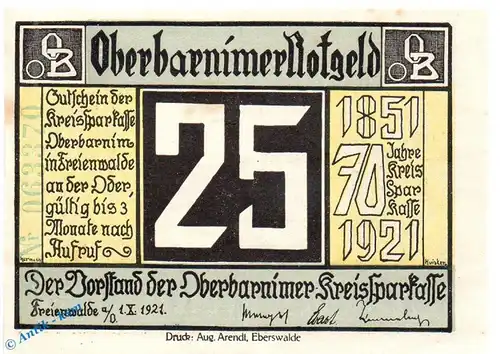 Notgeld Oberbarnim , 25 Pfennig Schein in kfr. Mehl Grabowski 993.1 , von 1921 , Brandenburg Seriennotgeld