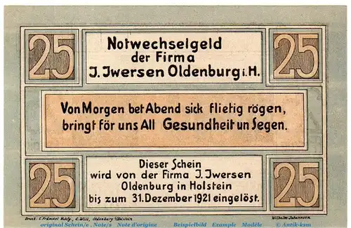 Notgeld J, Iwersen Oldenburg 1014.1.b , 25 Pfennig Schein in kfr. von 1921 , Schleswig Holstein Seriennotgeld