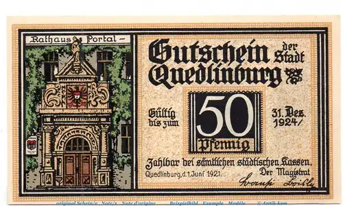 Notgeld Stadt Quedlinburg 1087.2 , 50 Pfennig Nr 1 mit KAHLA in kfr. von 1921 , Sachsen Anhalt Seriennotgeld