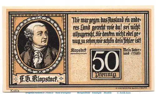 Notgeld Stadt Quedlinburg 1087.2 , 50 Pfennig Nr 1 mit KAHLA in kfr. von 1921 , Sachsen Anhalt Seriennotgeld